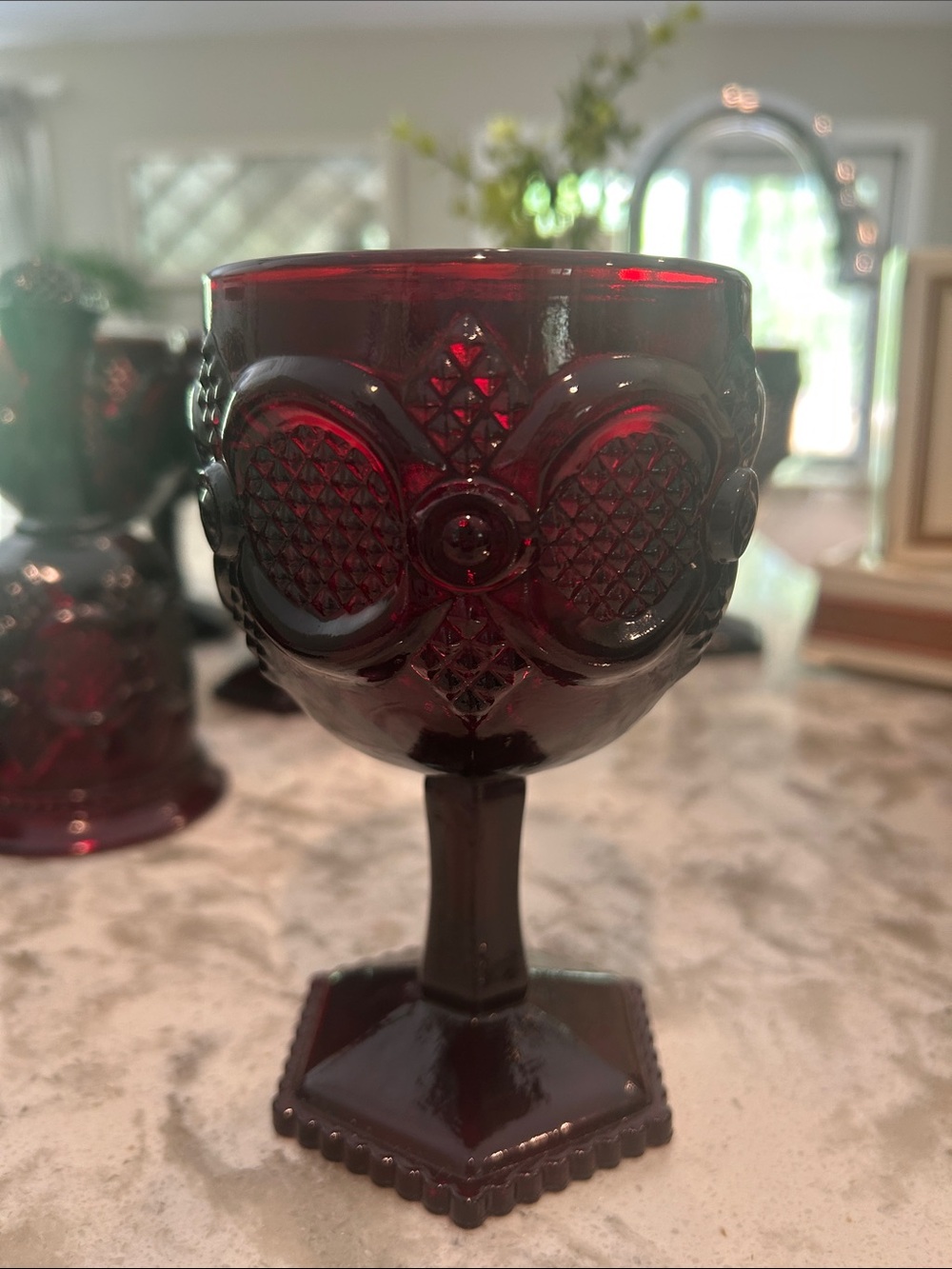 Deep Ruby Red Pressed Glass Goblet - Decorative Home Accent